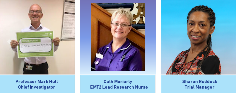Professor Mark Hull, Chief Investigator. Cath Moriarty, EMT2 Lead Research Nurse. Sharon Ruddock, Trial Manager.