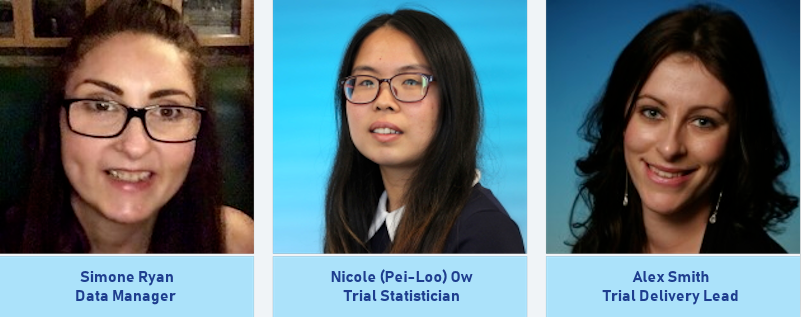 Simone Ryan, Data Manager. Nicole (Pei-Loo) Ow, Trial Statistician. Alex Smith, Trial Delivery Lead.